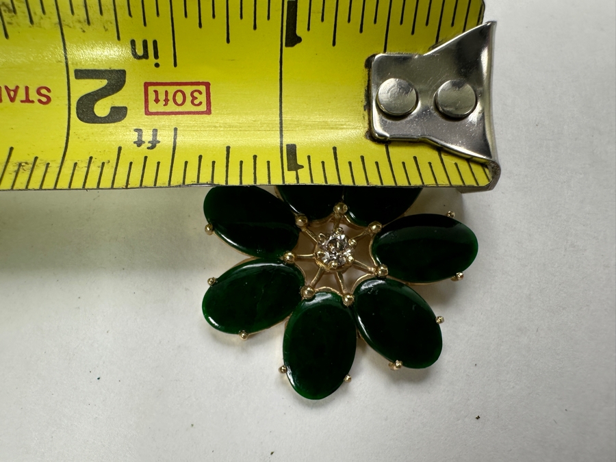 14k Gold Pin Brooch Set With (7) Oval Flat Cabochon Dyed Green Jade And (1) 4mm Brilliant Round Diamond Est. .25ct I-J Color, SI2 Clarity 1.75'W 11g Retails $3,120 [Photo 10]