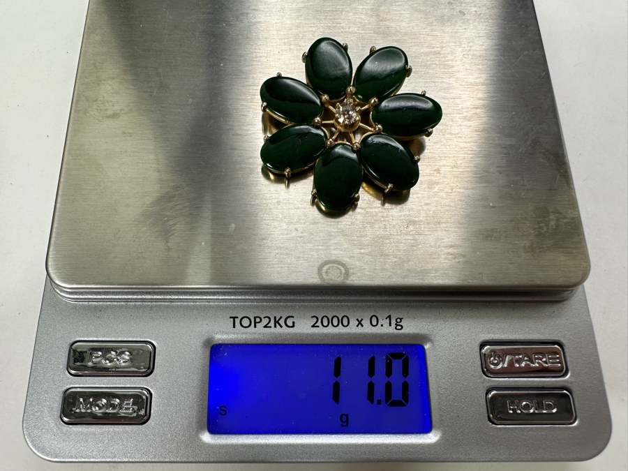 14k Gold Pin Brooch Set With (7) Oval Flat Cabochon Dyed Green Jade And (1) 4mm Brilliant Round Diamond Est. .25ct I-J Color, SI2 Clarity 1.75'W 11g Retails $3,120 [Photo 9]