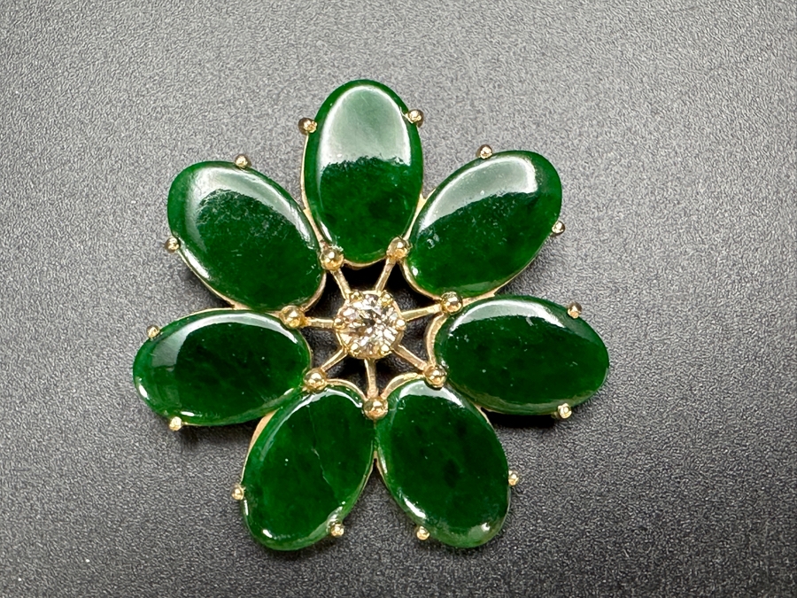 14k Gold Pin Brooch Set With (7) Oval Flat Cabochon Dyed Green Jade And (1) 4mm Brilliant Round Diamond Est. .25ct I-J Color, SI2 Clarity 1.75'W 11g Retails $3,120 [Photo 2]