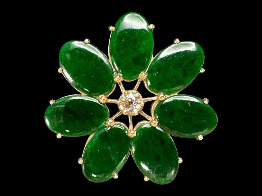 14k Gold Pin Brooch Set With (7) Oval Flat Cabochon Dyed Green Jade And (1) 4mm Brilliant Round Diamond Est. .25ct I-J Color, SI2 Clarity 1.75'W 11g Retails $3,120