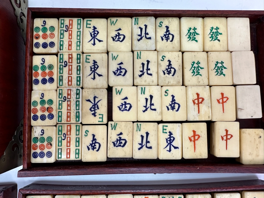 Antique Chinese Mahjong Mah-Jongg Game Set Bamboo And Bone Tiles With Wooden 5-Drawer Box 9.5W X 6.5D X 7H [Photo 7]