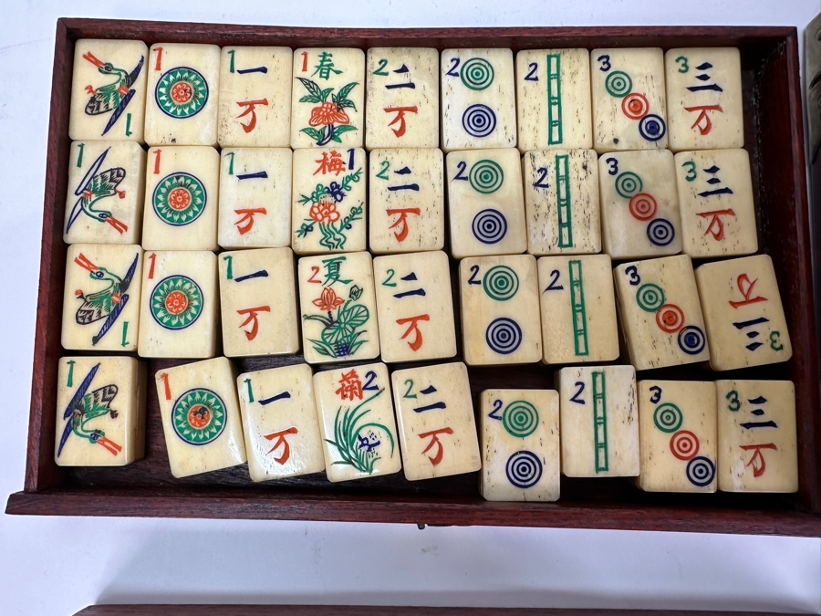 Antique Chinese Mahjong Mah-Jongg Game Set Bamboo And Bone Tiles With Wooden 5-Drawer Box 9.5W X 6.5D X 7H [Photo 9]