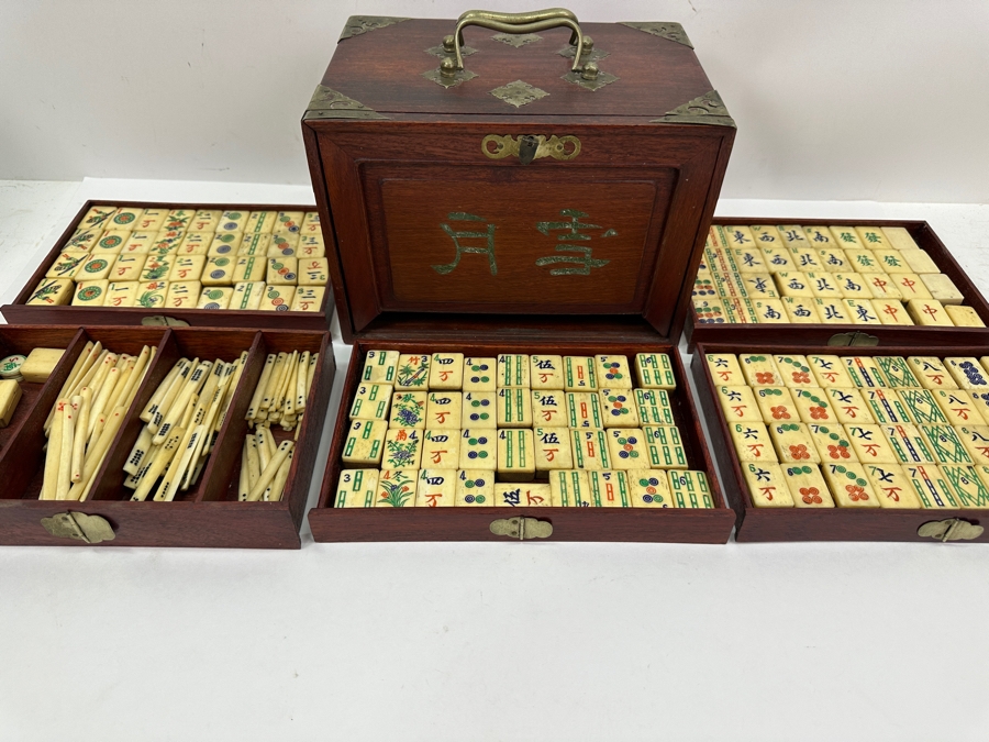 Antique Chinese Mahjong Mah-Jongg Game Set Bamboo And Bone Tiles With Wooden 5-Drawer Box 9.5W X 6.5D X 7H [Photo 5]