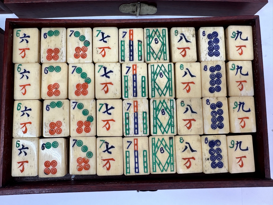 Antique Chinese Mahjong Mah-Jongg Game Set Bamboo And Bone Tiles With Wooden 5-Drawer Box 9.5W X 6.5D X 7H [Photo 8]