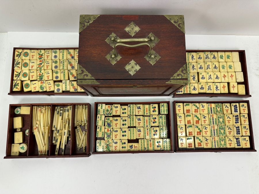Antique Chinese Mahjong Mah-Jongg Game Set Bamboo And Bone Tiles With Wooden 5-Drawer Box 9.5W X 6.5D X 7H [Photo 4]