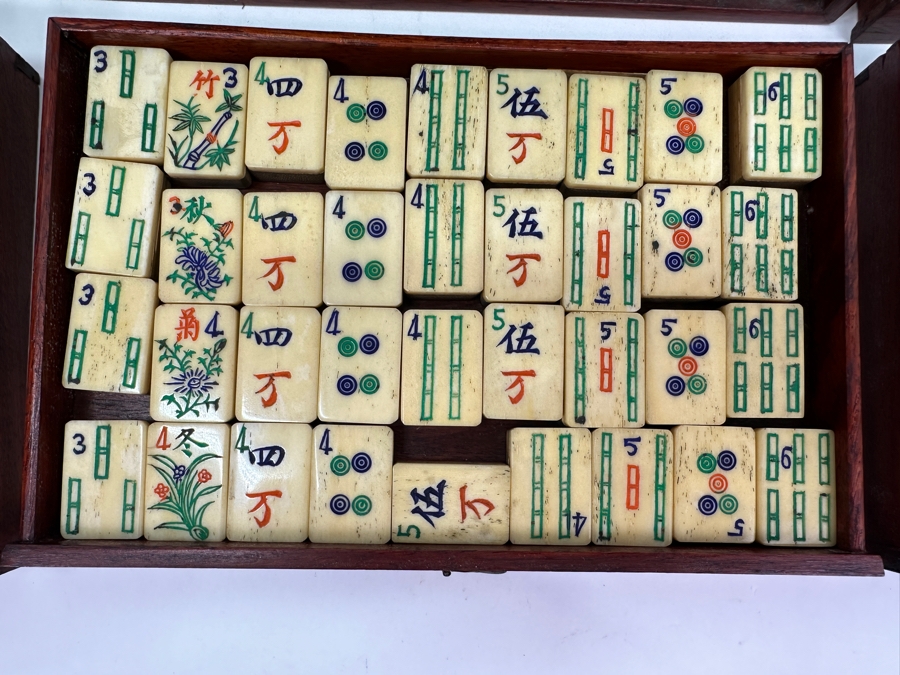 Antique Chinese Mahjong Mah-Jongg Game Set Bamboo And Bone Tiles With Wooden 5-Drawer Box 9.5W X 6.5D X 7H [Photo 6]