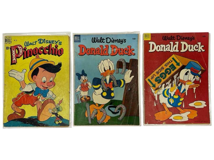 Dell Comics Walt Disney Comic Books: 1949 Pinocchio No. 252 & (2) Donald Duck 1953 No. 32 & 1954 No. 34