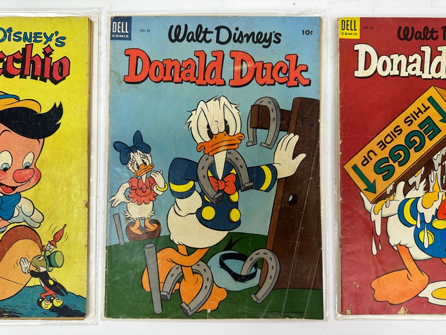 Dell Comics Walt Disney Comic Books: 1949 Pinocchio No. 252 & (2) Donald Duck 1953 No. 32 & 1954 No. 34 [Photo 7]