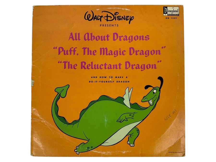 Vintage 1966 Walt Disney Productions All About Dragons 'Puff, The Magic Dragon' & 'The Reluctant Dragon' Disneyland Vinyl Records DQ 1301