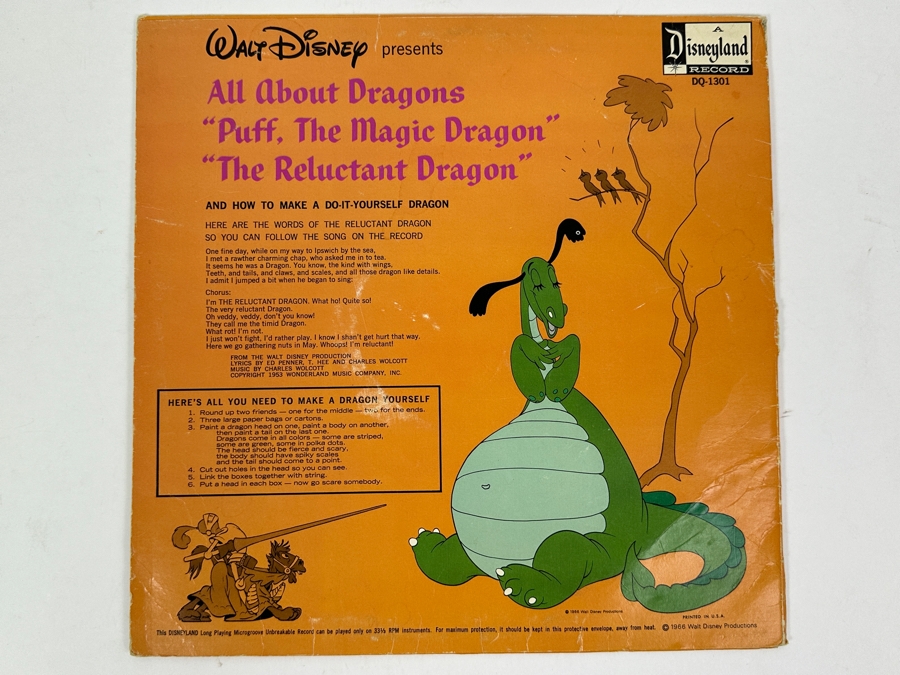Vintage 1966 Walt Disney Productions All About Dragons 'Puff, The Magic Dragon' & 'The Reluctant Dragon' Disneyland Vinyl Records DQ 1301 [Photo 4]