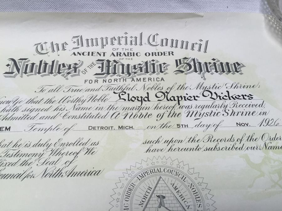 The Imperial Council of the Ancient Arabic Order of the Nobles of the Mystic Shrine Certificate [Photo 2]