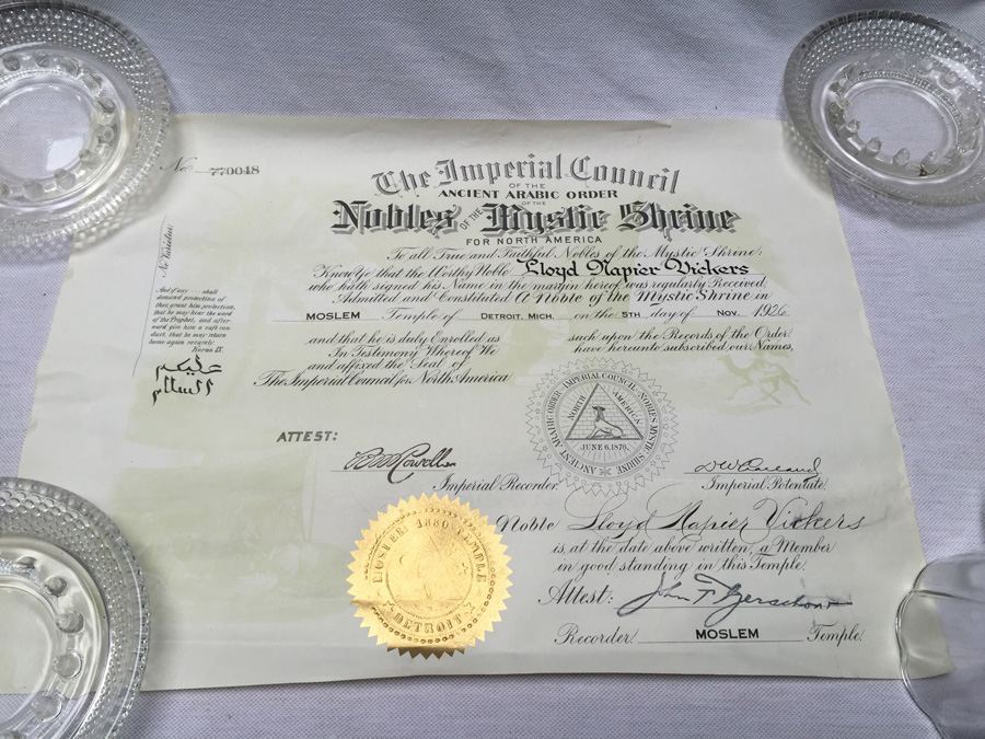 The Imperial Council of the Ancient Arabic Order of the Nobles of the Mystic Shrine Certificate