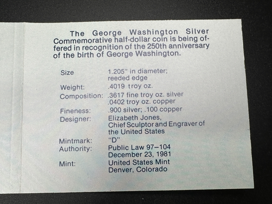 Uncirculated 1982 George Washington Silver Commemorative Half-Dollar Coin .900 Silver [Photo 4]