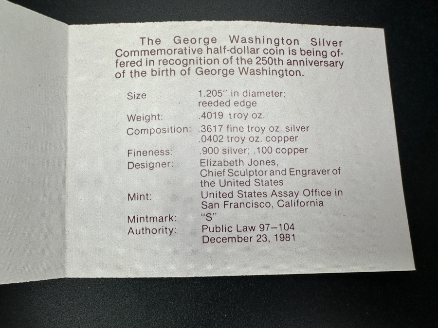 Proof 1982 George Washington Silver Commemorative Half-Dollar Coin .900 Silver [Photo 5]