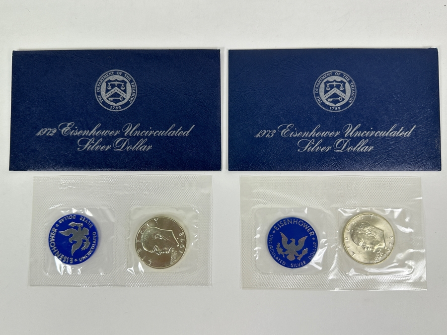 Vintage 1972 & 1973 Eisenhower Uncirculated Silver Dollars [Photo 2]