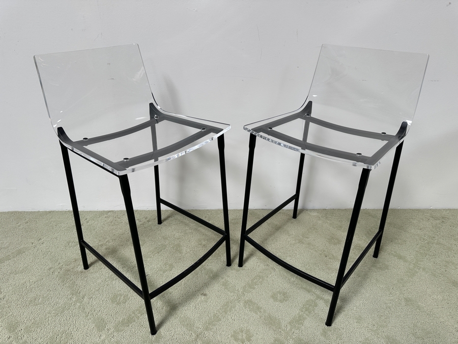 Pair Of CB2 Black Chiaro Counter Stools 24' With Acrylic Seats And Optional Icelandic Sheepskin Chair Pads 24' Seat Height, 34' Back Height [Photo 2]