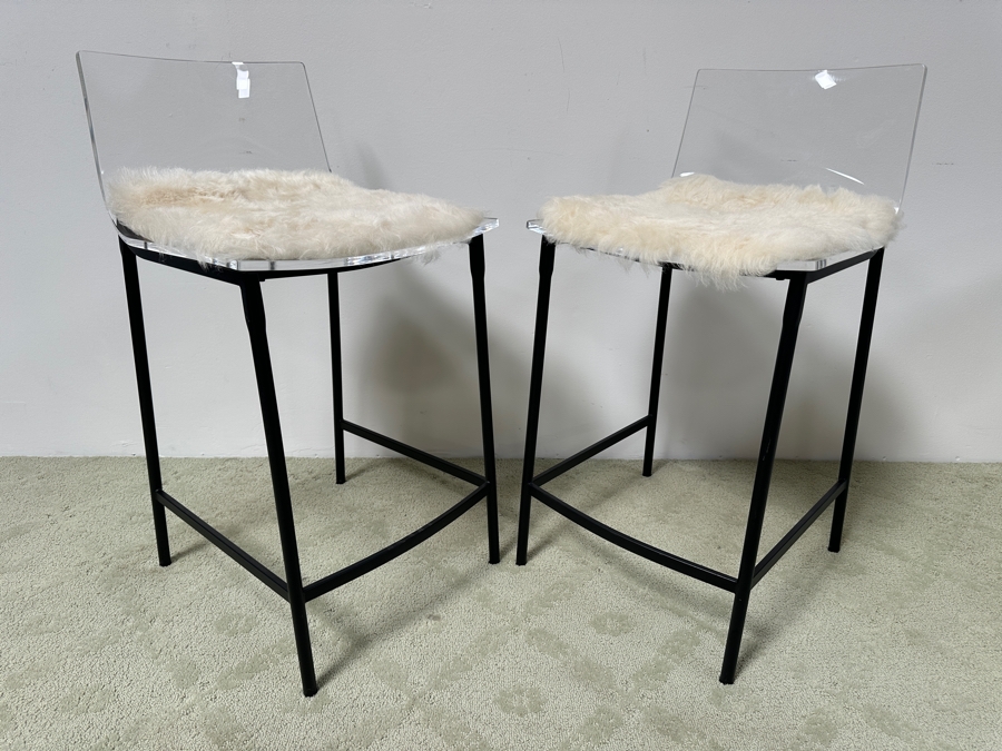 Pair Of CB2 Black Chiaro Counter Stools 24' With Acrylic Seats And Optional Icelandic Sheepskin Chair Pads 24' Seat Height, 34' Back Height [Photo 3]