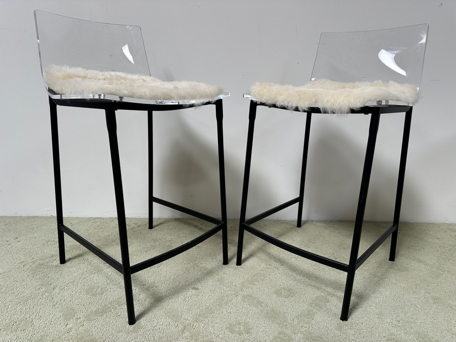 Pair Of CB2 Black Chiaro Counter Stools 24' With Acrylic Seats And Optional Icelandic Sheepskin Chair Pads 24' Seat Height, 34' Back Height [Photo 4]