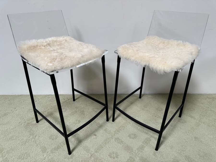 Pair Of CB2 Black Chiaro Counter Stools 24' With Acrylic Seats And Optional Icelandic Sheepskin Chair Pads 24' Seat Height, 34' Back Height [Photo 5]