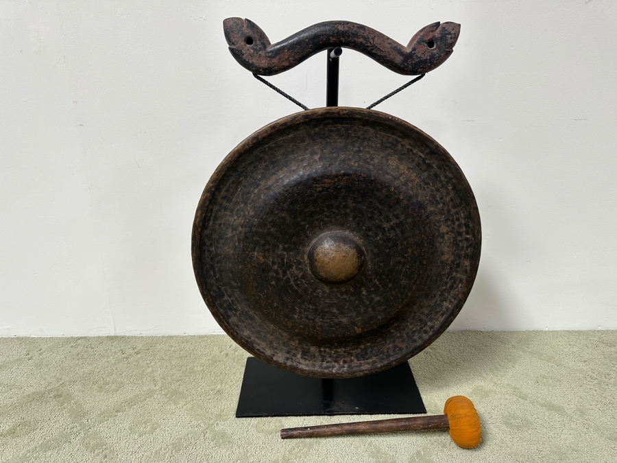 Antique Burmese Metal Temple Gong With Metal Stand And Striker 24.5W X 35H Purchased In Bangkok For $3,000 [Photo 2]
