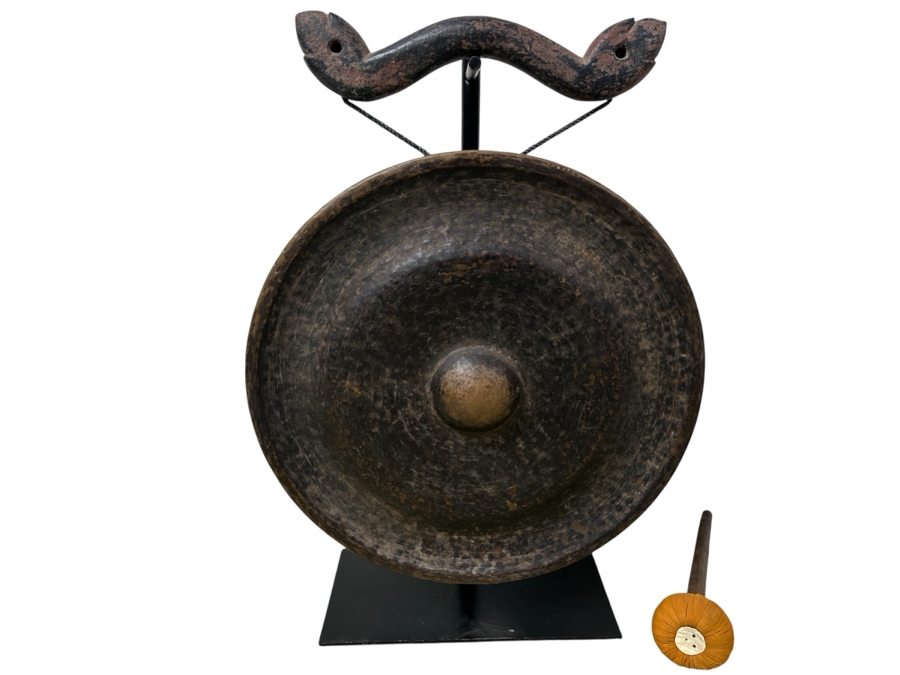 Antique Burmese Metal Temple Gong With Metal Stand And Striker 24.5W X 35H Purchased In Bangkok For $3,000
