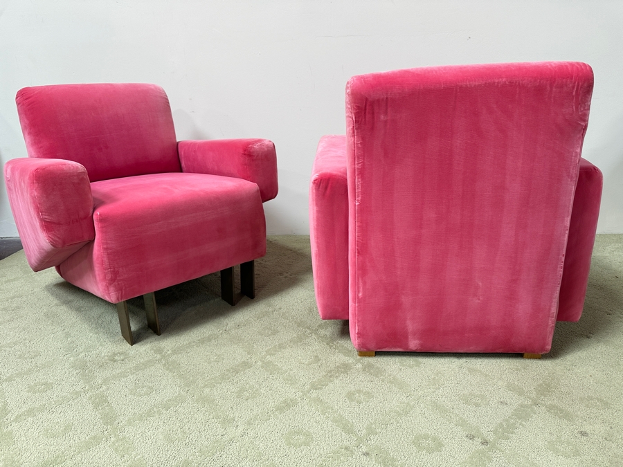 Pair Of Stunning Pink Velvet Designer Armchairs With Brass Front Feet - Very Comfortable 32.5W X 34D X 33H [Photo 9]