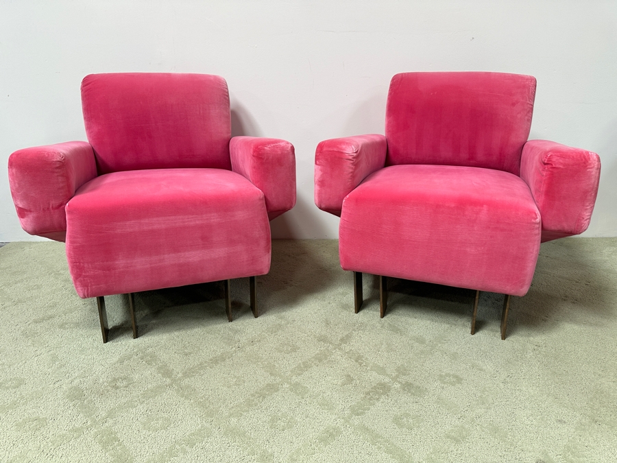 Pair Of Stunning Pink Velvet Designer Armchairs With Brass Front Feet - Very Comfortable 32.5W X 34D X 33H [Photo 2]