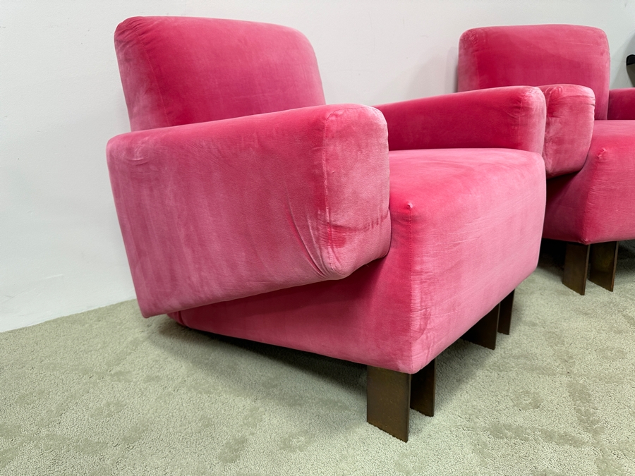 Pair Of Stunning Pink Velvet Designer Armchairs With Brass Front Feet - Very Comfortable 32.5W X 34D X 33H [Photo 4]