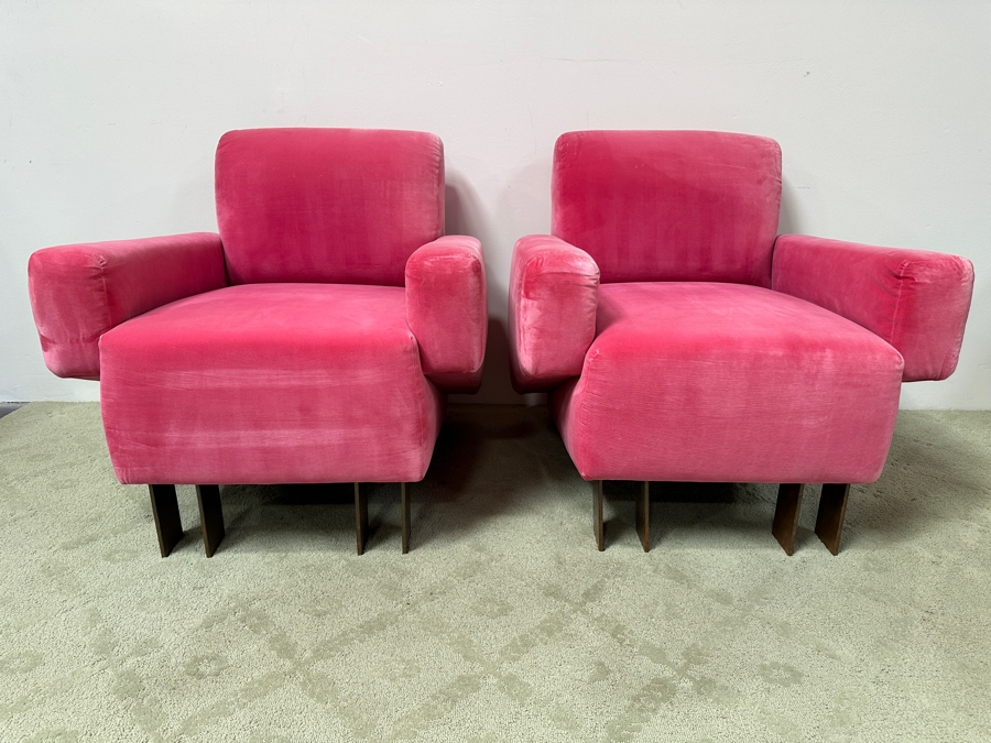 Pair Of Stunning Pink Velvet Designer Armchairs With Brass Front Feet - Very Comfortable 32.5W X 34D X 33H [Photo 6]
