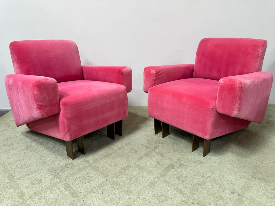Pair Of Stunning Pink Velvet Designer Armchairs With Brass Front Feet - Very Comfortable 32.5W X 34D X 33H [Photo 8]