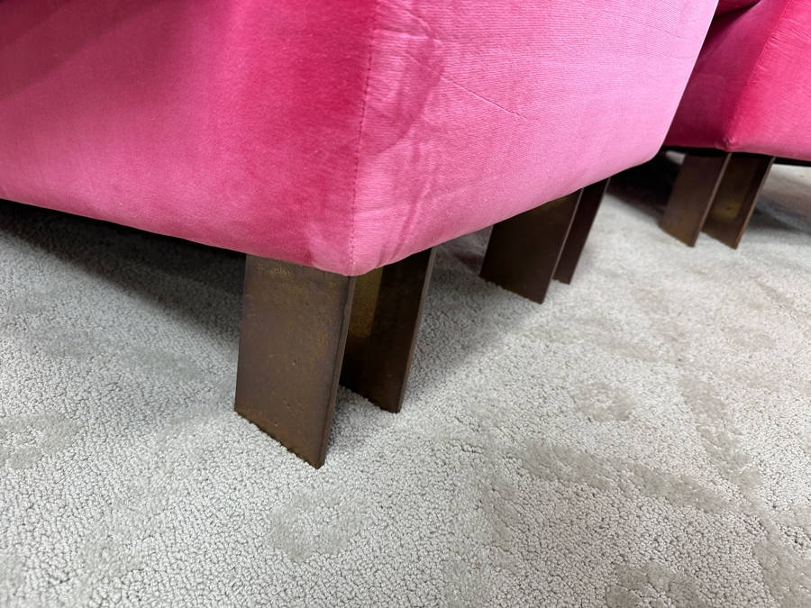 Pair Of Stunning Pink Velvet Designer Armchairs With Brass Front Feet - Very Comfortable 32.5W X 34D X 33H [Photo 5]
