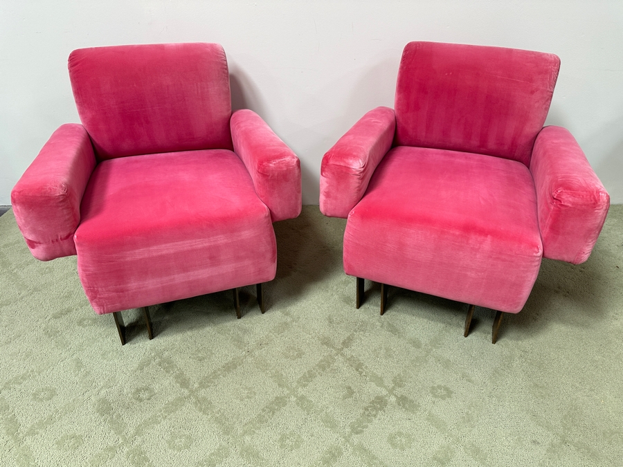 Pair Of Stunning Pink Velvet Designer Armchairs With Brass Front Feet - Very Comfortable 32.5W X 34D X 33H [Photo 3]