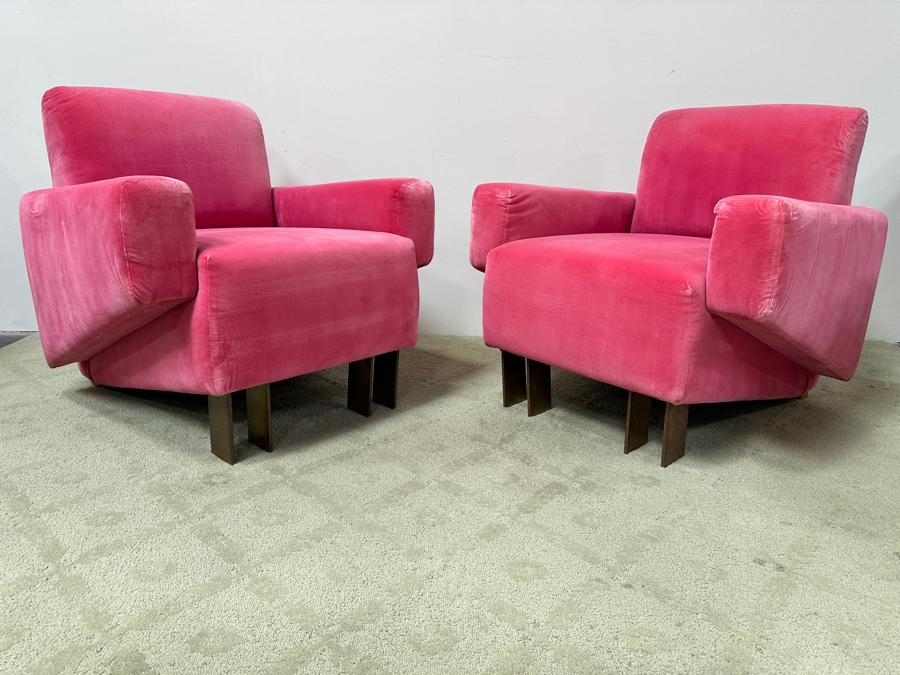 Pair Of Stunning Pink Velvet Designer Armchairs With Brass Front Feet - Very Comfortable 32.5W X 34D X 33H [Photo 7]