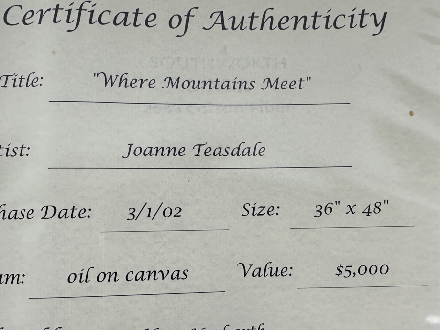 Joanne Teasdale Original Oil Painting On Canvas Titled 'Where Mountains Meet' 36 X 48 Appraised At $5,000 With Certificate Of Authenticity Purchased From The Coda Gallery In Palm Desert, CA [Photo 15]