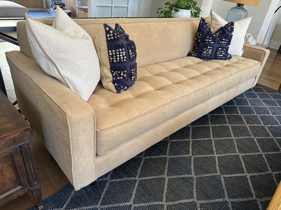 Just Added - Upholstered Tufted Modern Sofa # 1 Designer Unknown With Four Throw Pillows 90'W X 35'D X 31'H [Photo 3]