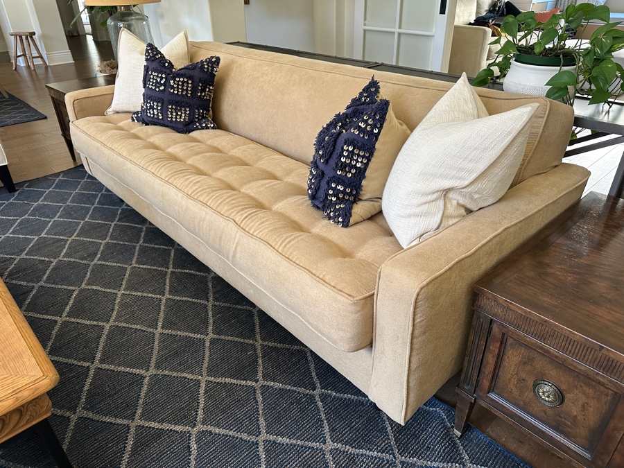 Just Added - Upholstered Tufted Modern Sofa # 1 Designer Unknown With Four Throw Pillows 90'W X 35'D X 31'H [Photo 5]