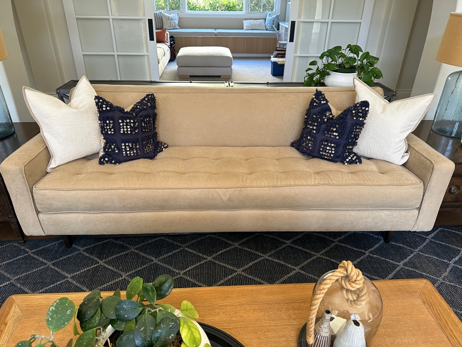 Just Added - Upholstered Tufted Modern Sofa # 1 Designer Unknown With Four Throw Pillows 90'W X 35'D X 31'H