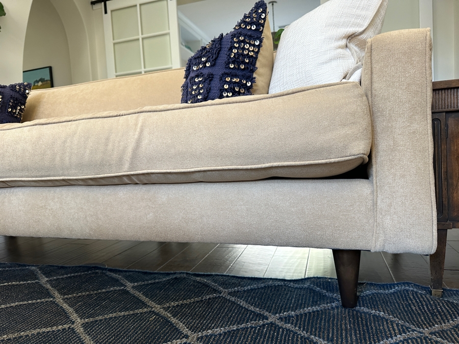 Just Added - Upholstered Tufted Modern Sofa # 1 Designer Unknown With Four Throw Pillows 90'W X 35'D X 31'H [Photo 4]