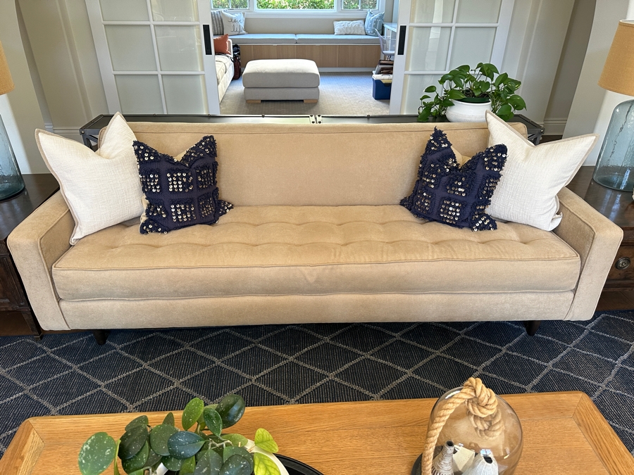 Just Added - Upholstered Tufted Modern Sofa # 1 Designer Unknown With Four Throw Pillows 90'W X 35'D X 31'H [Photo 2]