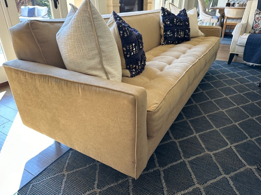 Just Added - Upholstered Tufted Modern Sofa # 2 Designer Unknown With Four Throw Pillows 90'W X 35'D X 31'H [Photo 3]