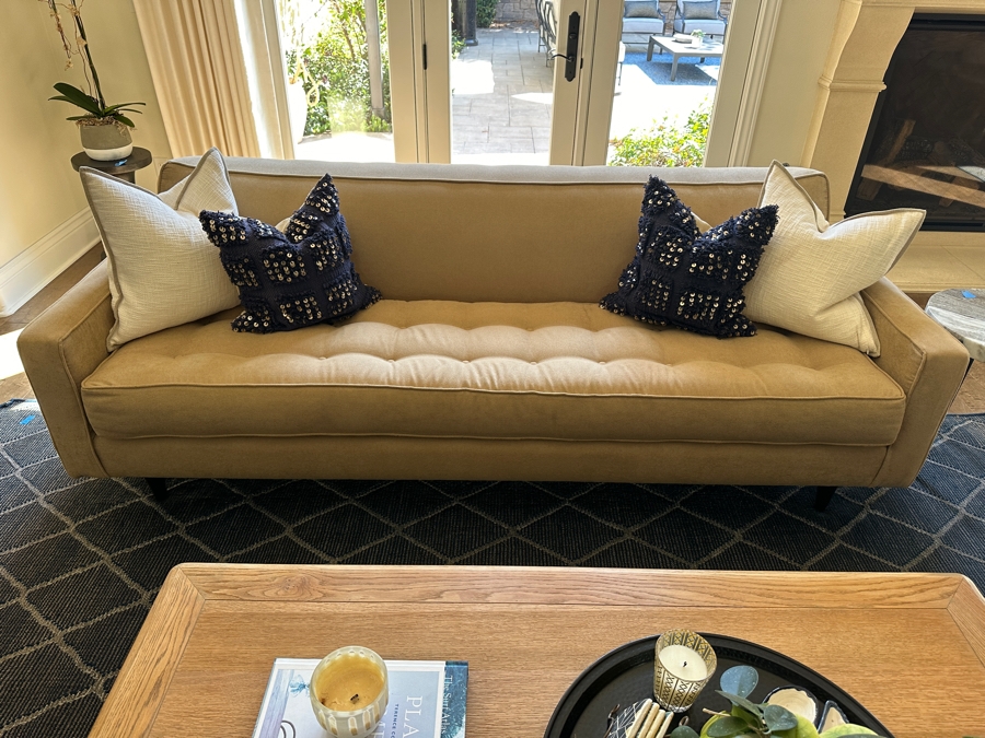 Just Added - Upholstered Tufted Modern Sofa # 2 Designer Unknown With Four Throw Pillows 90'W X 35'D X 31'H [Photo 2]