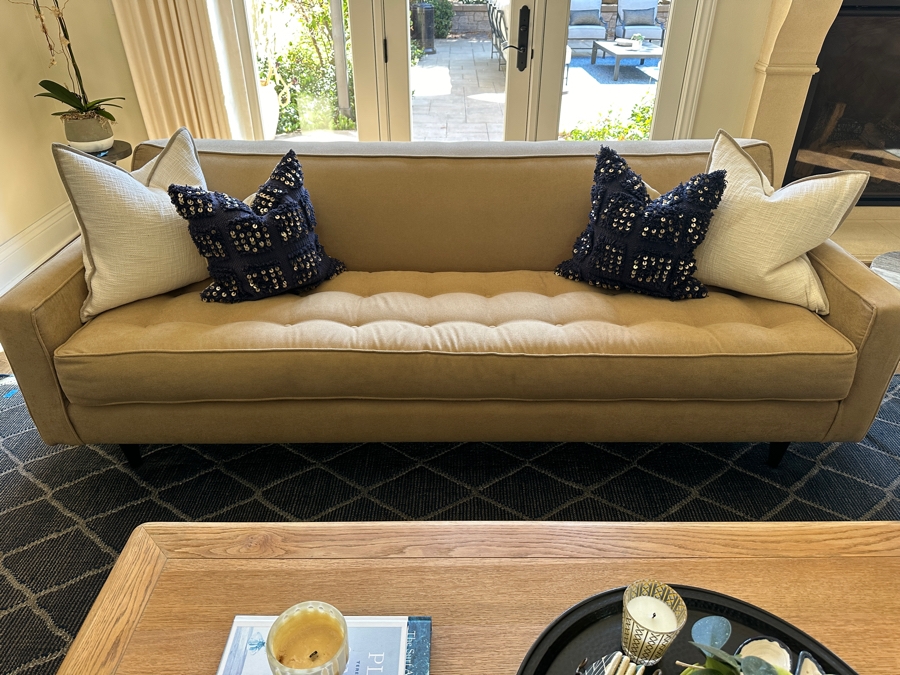 Just Added - Upholstered Tufted Modern Sofa # 2 Designer Unknown With Four Throw Pillows 90'W X 35'D X 31'H