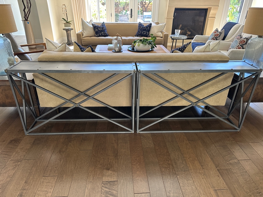 Pair Of Restoration Hardware X-Brace Metal Console Tables Each Measuring 48W X 12D X 29.5H [Photo 1]