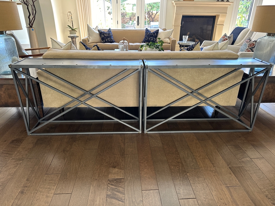 Pair Of Restoration Hardware X-Brace Metal Console Tables Each Measuring 48W X 12D X 29.5H [Photo 2]