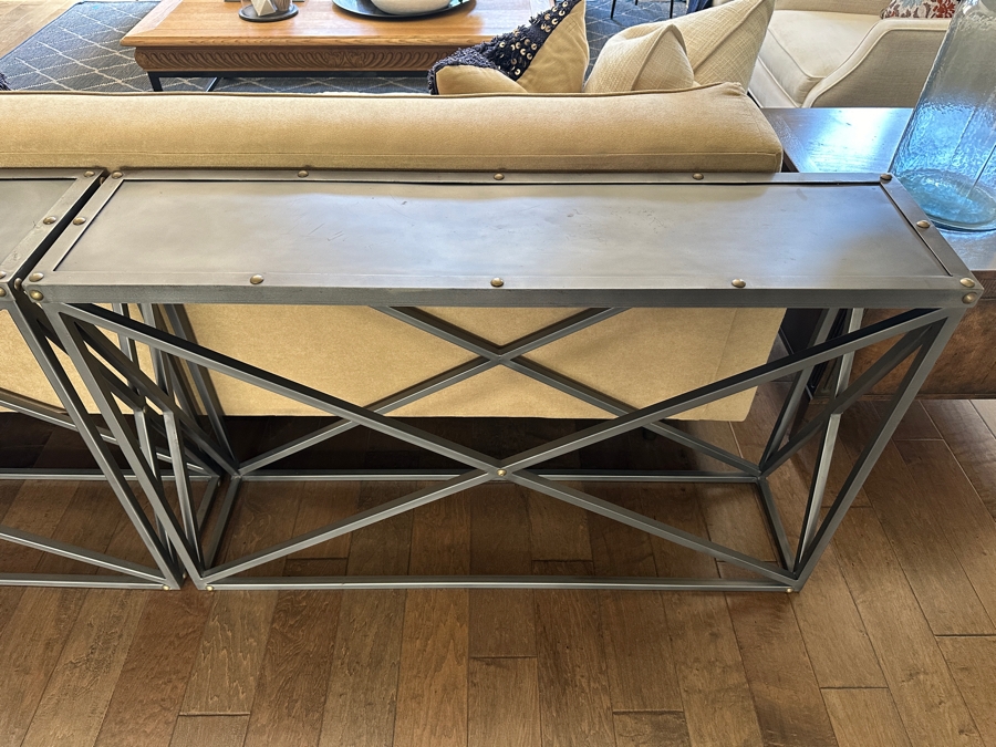 Pair Of Restoration Hardware X-Brace Metal Console Tables Each Measuring 48W X 12D X 29.5H [Photo 3]