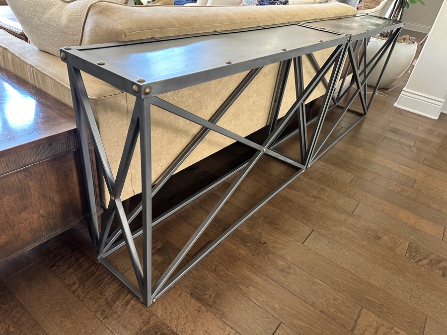 Pair Of Restoration Hardware X-Brace Metal Console Tables Each Measuring 48W X 12D X 29.5H [Photo 5]