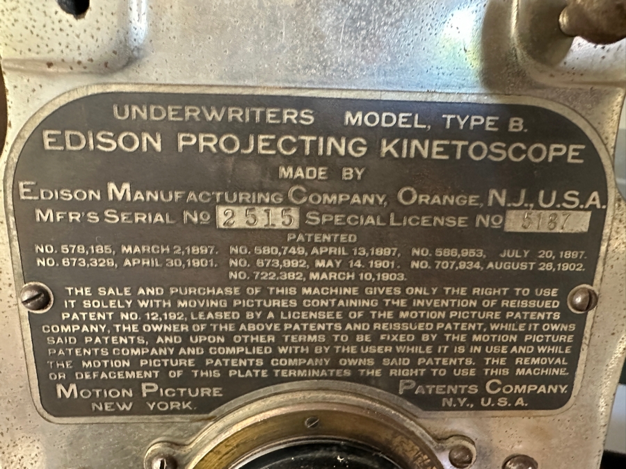 Antique Edison Projecting Kinetoscope Model Type B 1903 Patent Date From The Motion Picture Patents Company Serial Number 2515 'Underwriters Model' 11W X 11D X 14.5H [Photo 4]