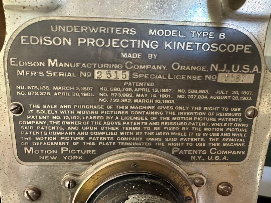 Antique Edison Projecting Kinetoscope Model Type B 1903 Patent Date From The Motion Picture Patents Company Serial Number 2515 'Underwriters Model' 11W X 11D X 14.5H [Photo 3]