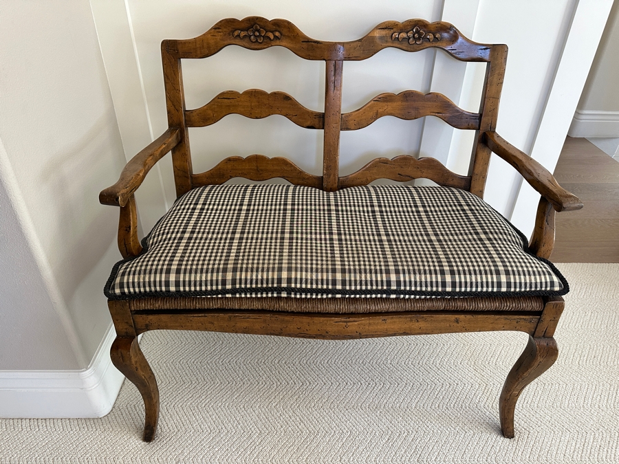 Guy Chaddock Wooden Rush Seat Settee Bench (With Cushion - See Photos) 39W X 24D X 37H [Photo 2]