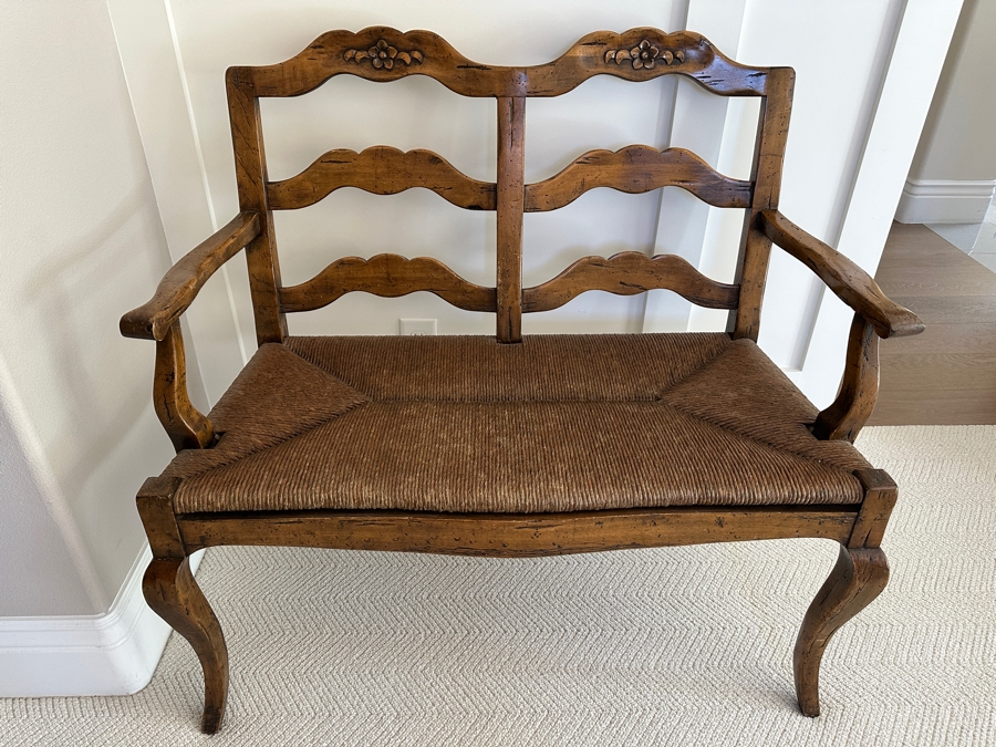 Guy Chaddock Wooden Rush Seat Settee Bench (With Cushion - See Photos) 39W X 24D X 37H [Photo 7]